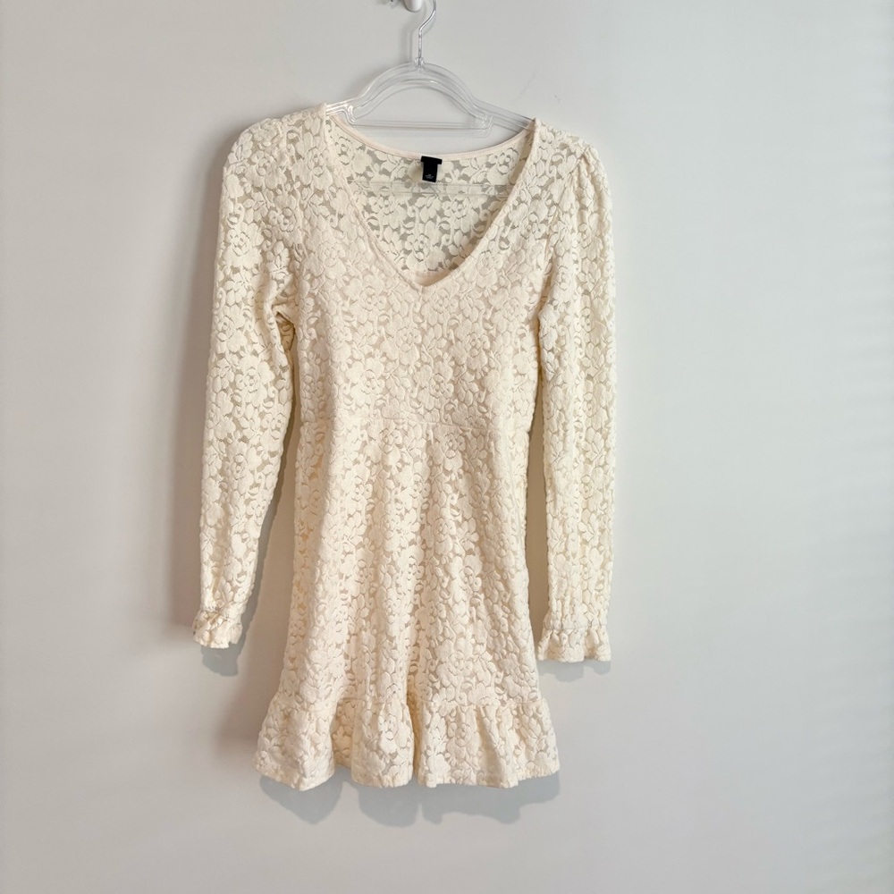 Wild Fable Dress Mini Ruffle Lace Overlay Long Sleeve V Neck‎ Ivory XS